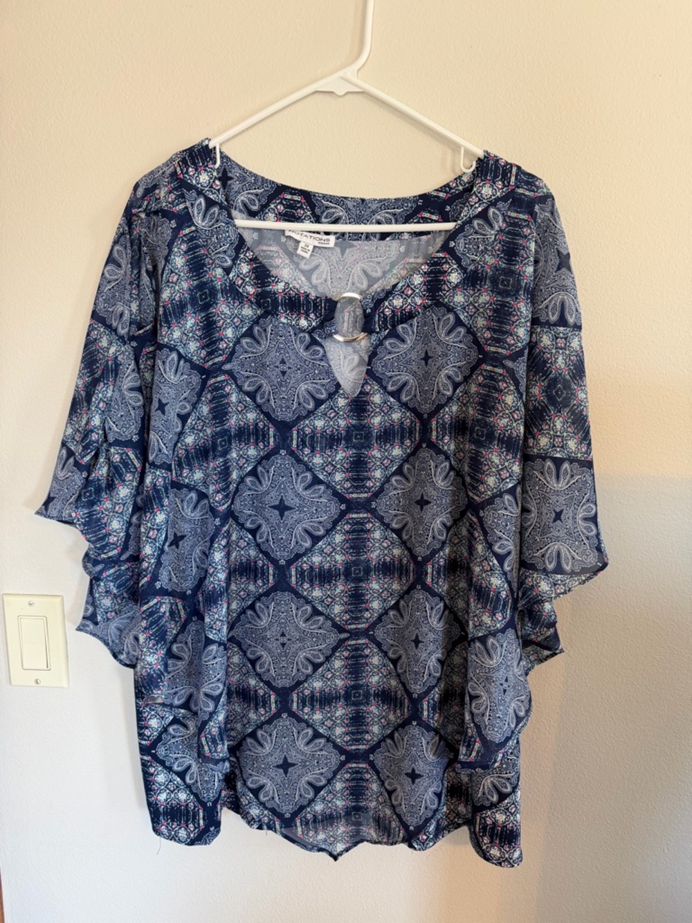 Notations Navy Patterned Tunic with Front Ring Detail